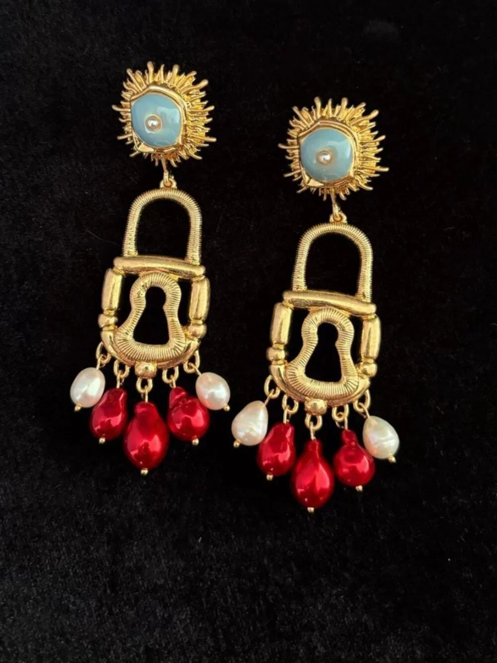 Gold-Tone Red Pearl Drop Lock Earrings